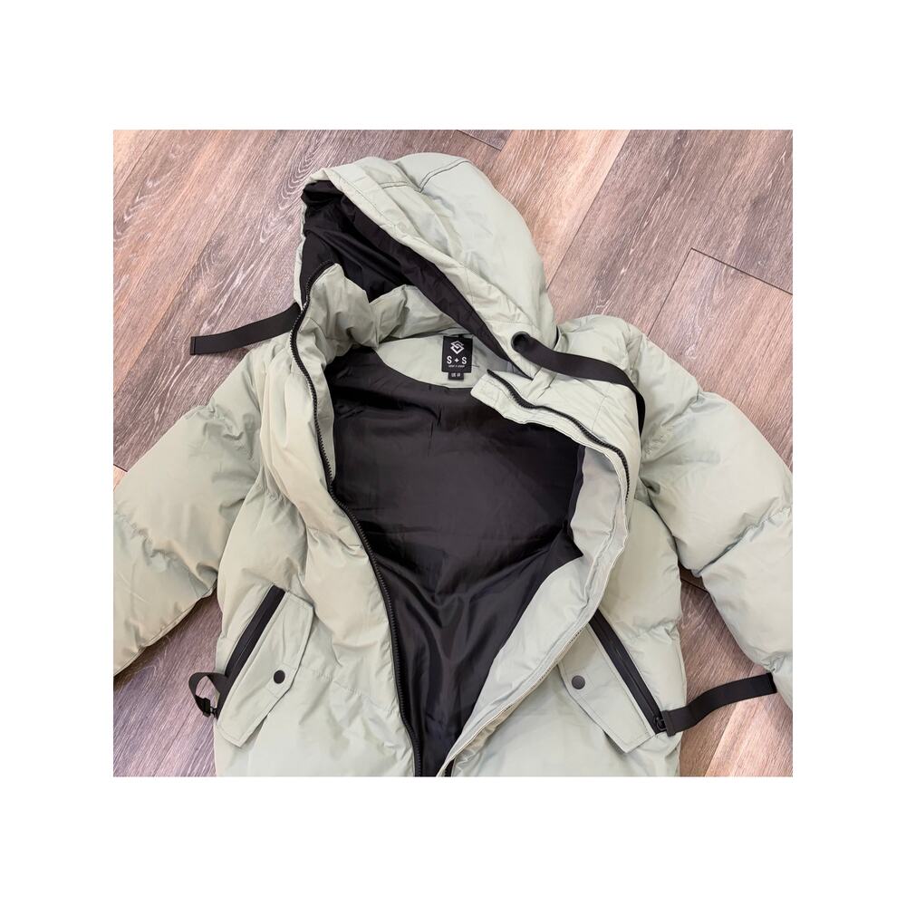 Saint & Sinner Long Puffer Coat Hooded Green Zip Jacket Women M - Picture 4 of 9